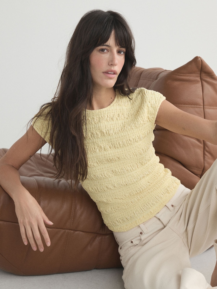 Yellow Short Sleeve Shirred Textured Crew Neck Top - Image 1 of 5 Yellow Short Sleeve Shirred Textured Crew Neck Top - Image 1 of 5