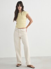 Yellow Short Sleeve Shirred Textured Crew Neck Top - Image 2 of 5