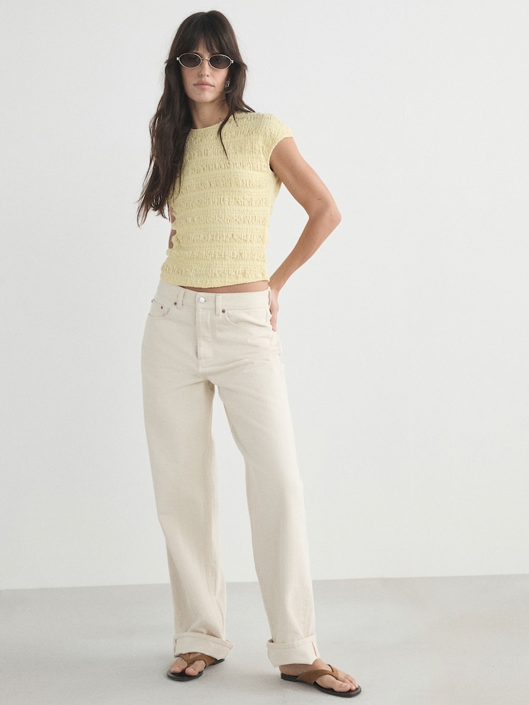 Yellow Short Sleeve Shirred Textured Crew Neck Top - Image 2 of 5 Yellow Short Sleeve Shirred Textured Crew Neck Top - Image 2 of 5