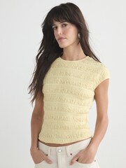 Yellow Short Sleeve Shirred Textured Crew Neck Top - Image 3 of 5