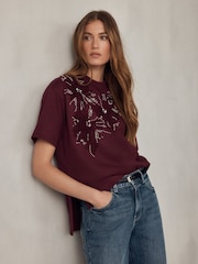 Wine Short Sleeve Floral Embellished T-Shirt - Image 1 of 8