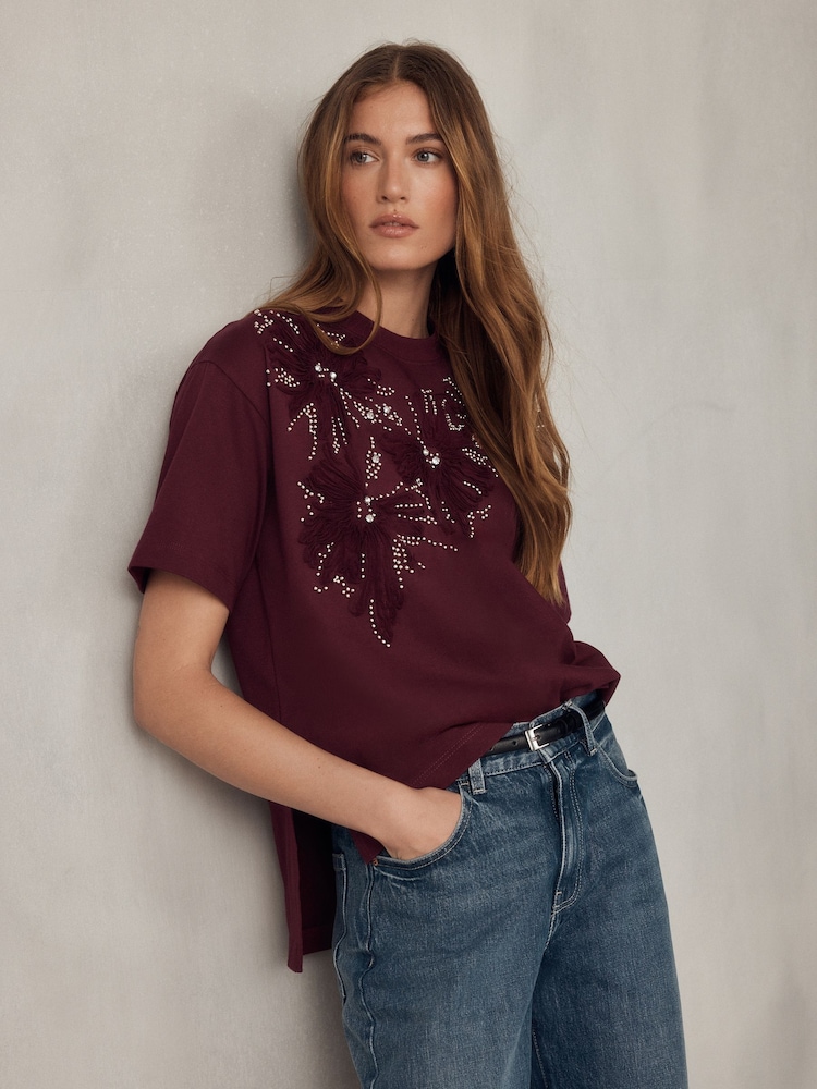 Wine Short Sleeve Floral Embellished T-Shirt - Image 1 of 8