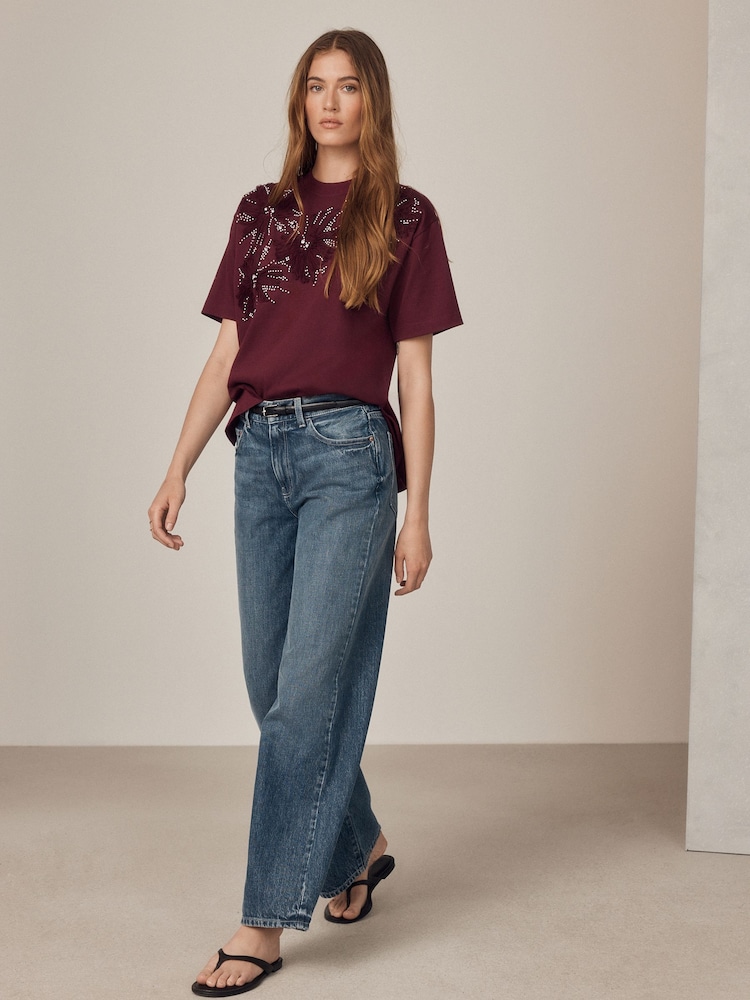 Wine Short Sleeve Floral Embellished T-Shirt - Image 2 of 8