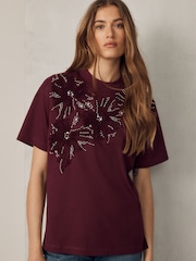 Wine Short Sleeve Floral Embellished T-Shirt - Image 3 of 8
