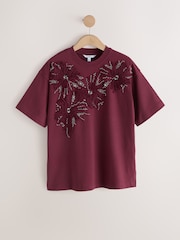 Wine Short Sleeve Floral Embellished T-Shirt - Image 6 of 8