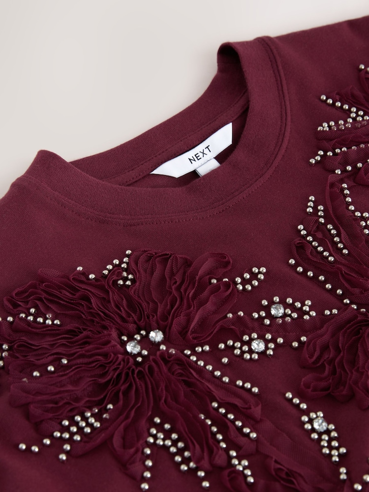 Wine Short Sleeve Floral Embellished T-Shirt - Image 8 of 8