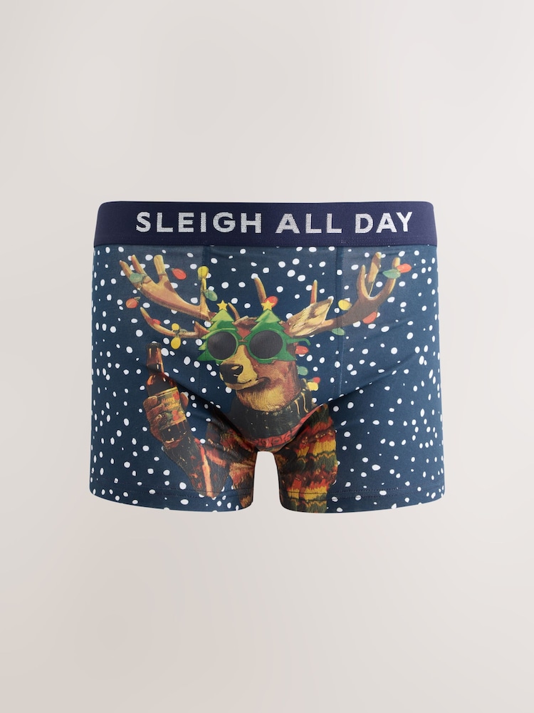 Blue Reindeer Novelty Christmas Cotton Rich Boxers - Image 1 of 5 Blue Reindeer Novelty Christmas Cotton Rich Boxers - Image 1 of 5