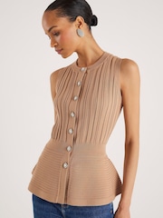 River Island Brown Short Length Sleeve Ribbed Peplum T-Shirt - Image 1 of 4