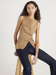 River Island Brown Tan Sleeveless Suedette Waistcoat - Image 1 of 4
