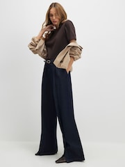 River Island Blue Denim Dark Belted Split Hem Wide Leg Jeans - Image 2 of 4