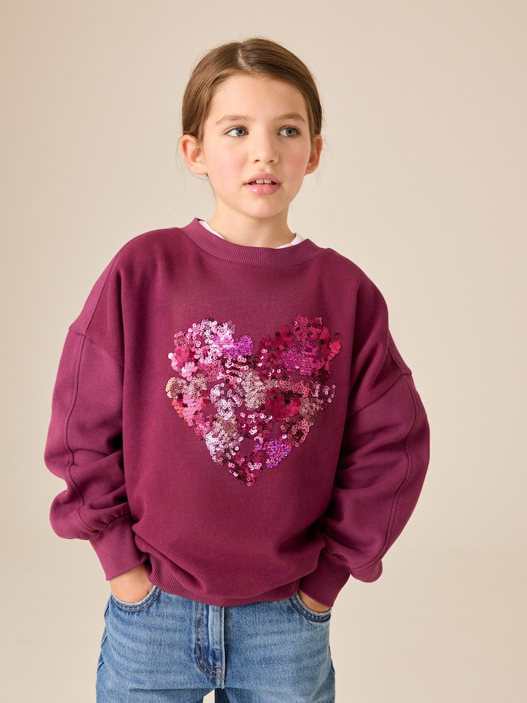 Berry Pink Sequin Heart Sweatshirt (3-16yrs) - Image 1 of 3 Berry Pink Sequin Heart Sweatshirt (3-16yrs) - Image 1 of 3