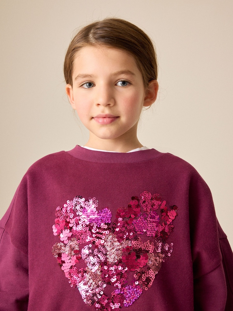 Berry Pink Sequin Heart Sweatshirt (3-16yrs) - Image 2 of 3 Berry Pink Sequin Heart Sweatshirt (3-16yrs) - Image 2 of 3