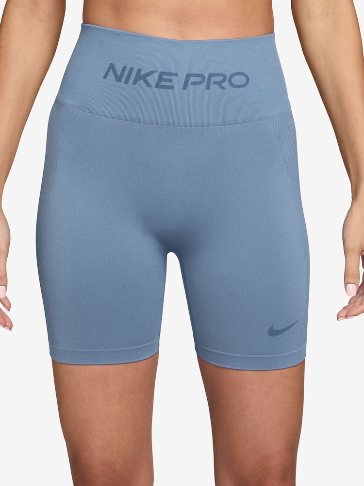 Nike Work Blue Pro Seamless Dri-FIT High-Waisted 5" Biker Shorts - Image 1 of 4 Nike Work Blue Pro Seamless Dri-FIT High-Waisted 5" Biker Shorts - Image 1 of 4