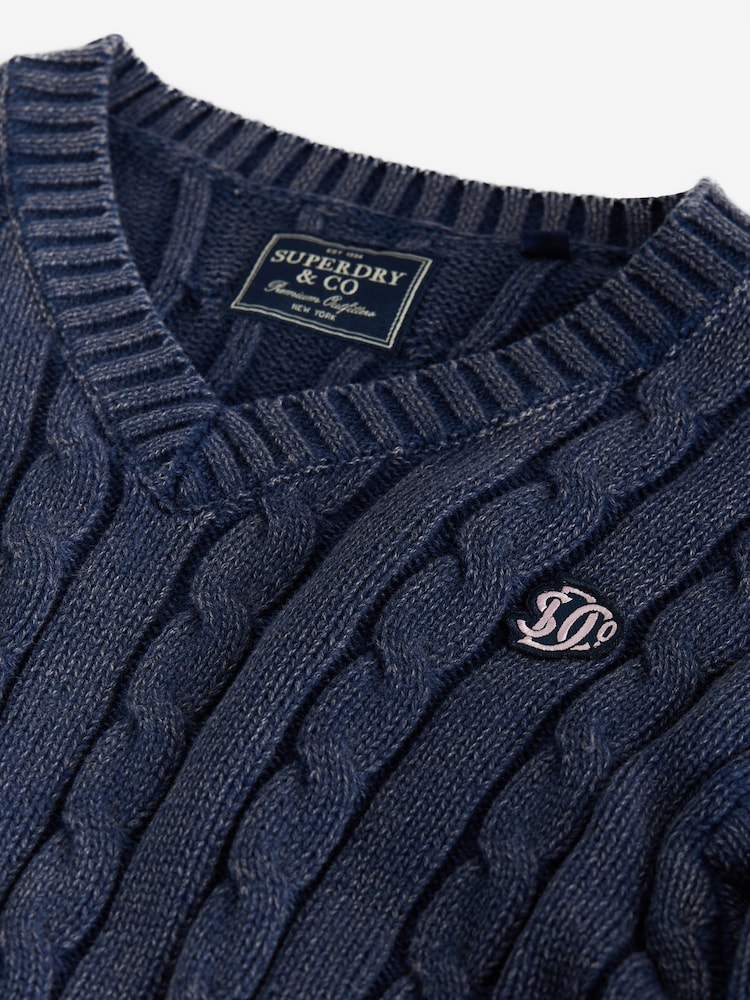 Navy Superdry V-Neck Cable Knit Jumper - Image 4 of 4