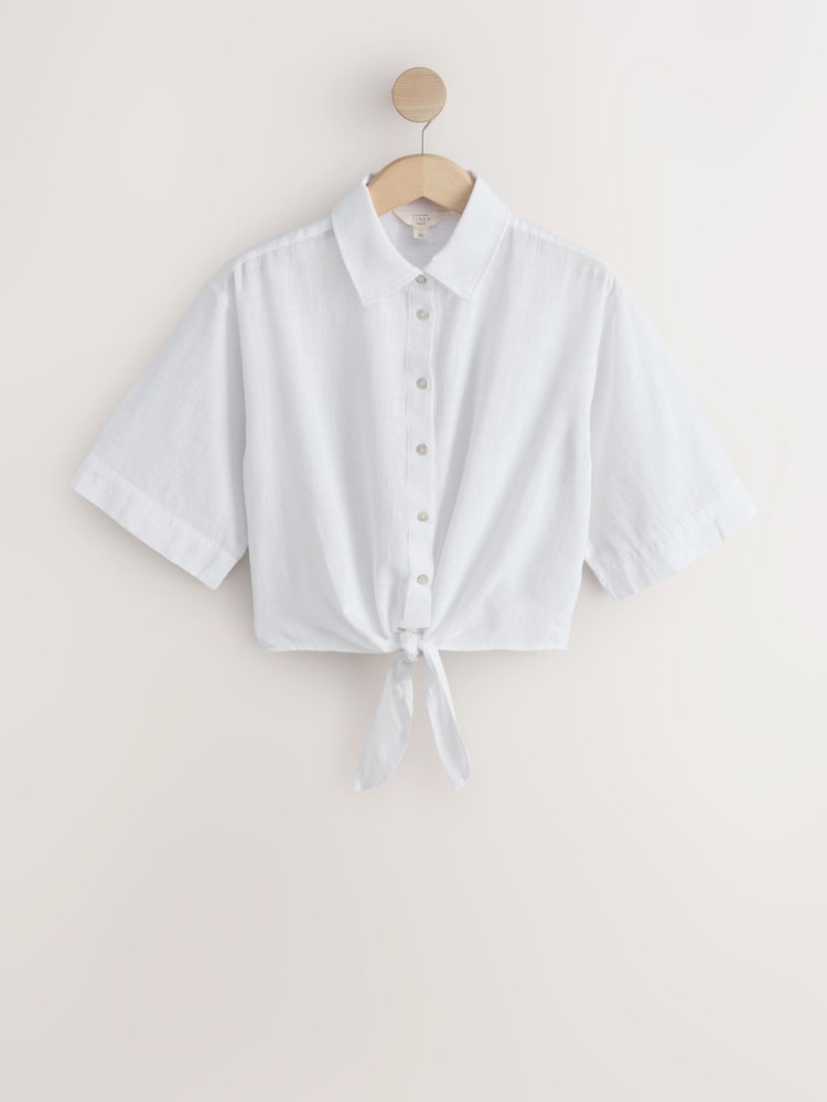 White Tie-Front Short Sleeve Shirt with Linen - Image 1 of 3