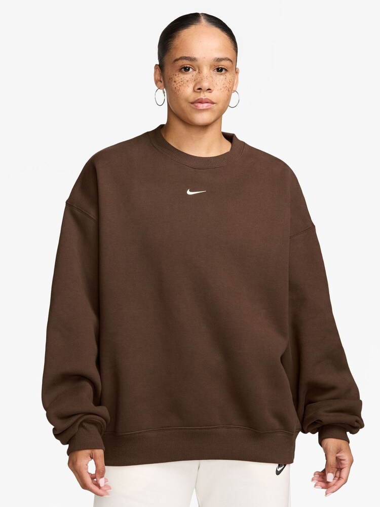 Nike Cacao Wow Brown Studio Fleece Oversized Crew Neck Sweat Top - Image 1 of 3