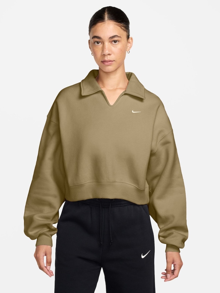 Nike Parachute Beige Natural Studio Fleece Oversized Cropped T-Shirt - Image 1 of 3