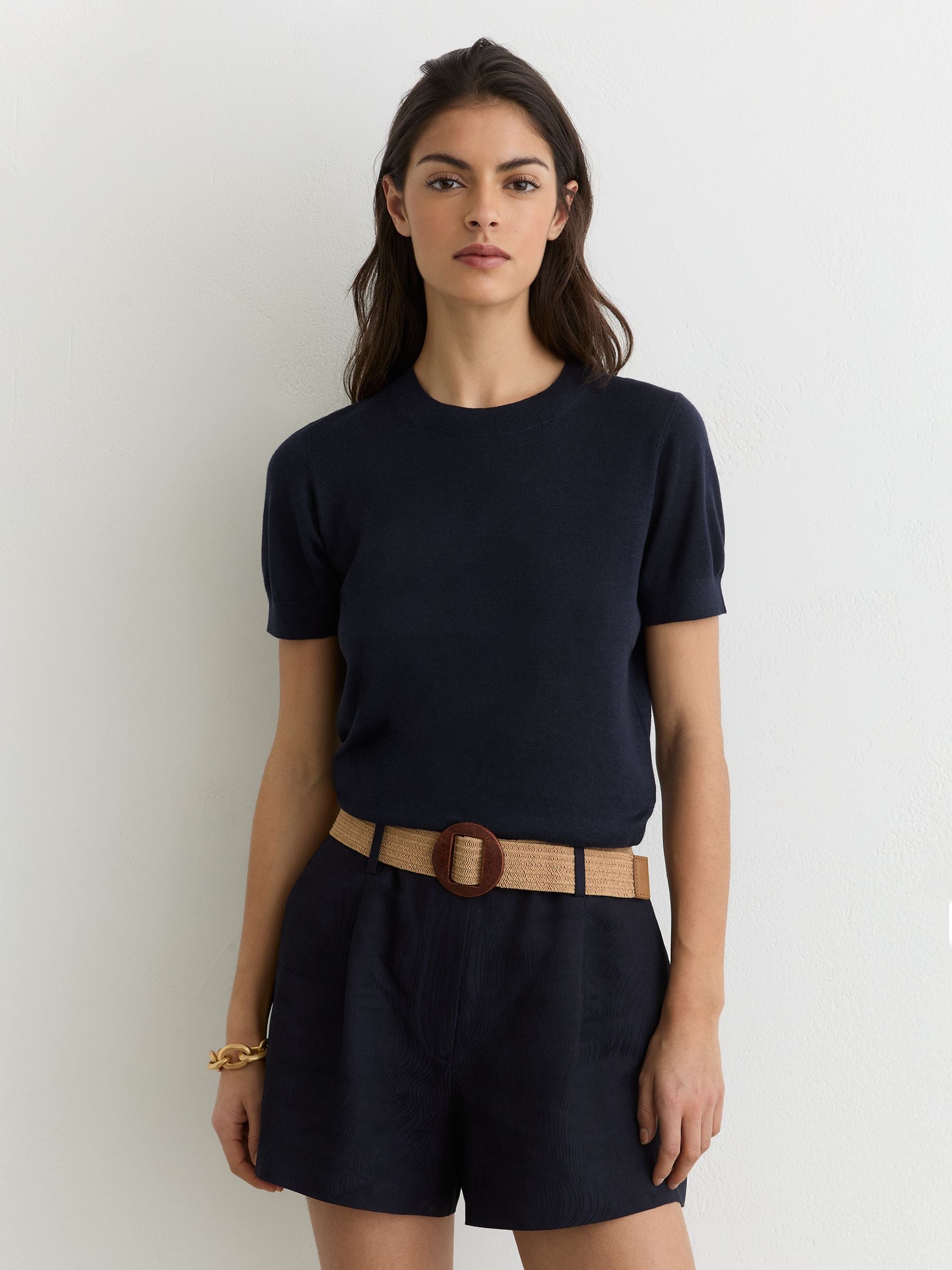 Buy Reiss Navy Livy Short-Sleeve Knitted Top with Linen from the