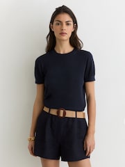 Reiss Navy Livy Short-Sleeve Knitted Top with Linen - Image 1 of 6