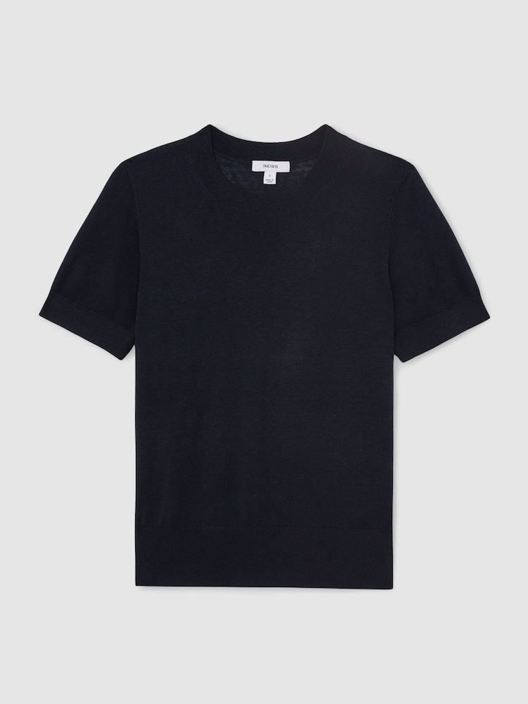 Reiss Navy Livy Short-Sleeve Knitted Top with Linen - Image 2 of 6