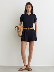 Reiss Navy Livy Short-Sleeve Knitted Top with Linen - Image 3 of 6