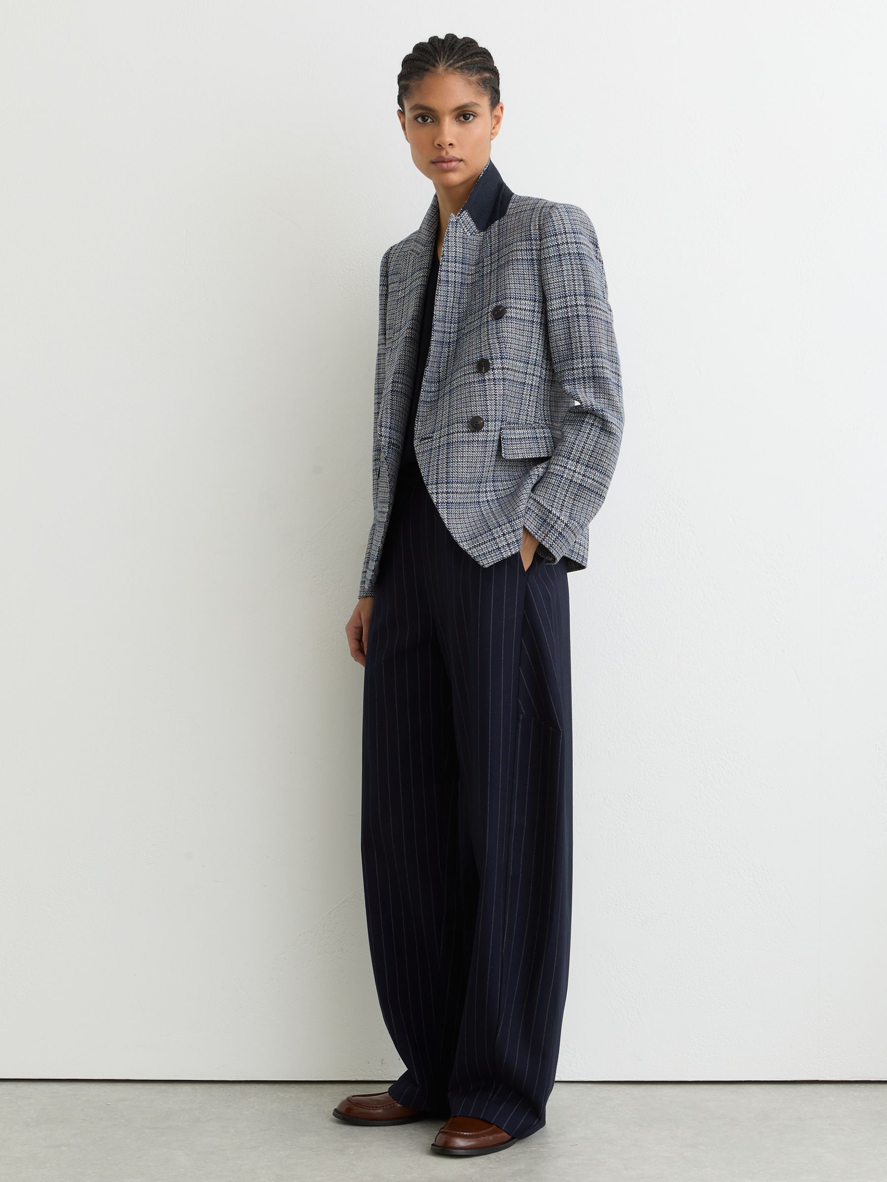 Reiss Navy Check Petite Double-breasted Check Blazer Cotton-linen In Blue