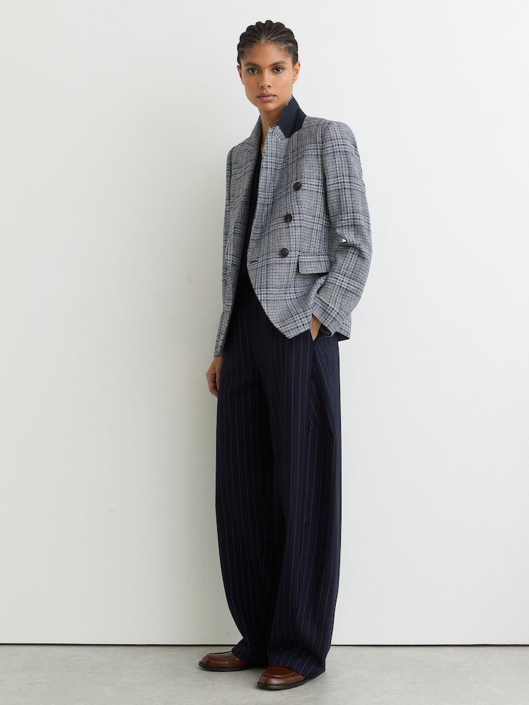 Reiss Navy Check Larissa Petite Double-Breasted Check Blazer Cotton-Linen - Image 1 of 6