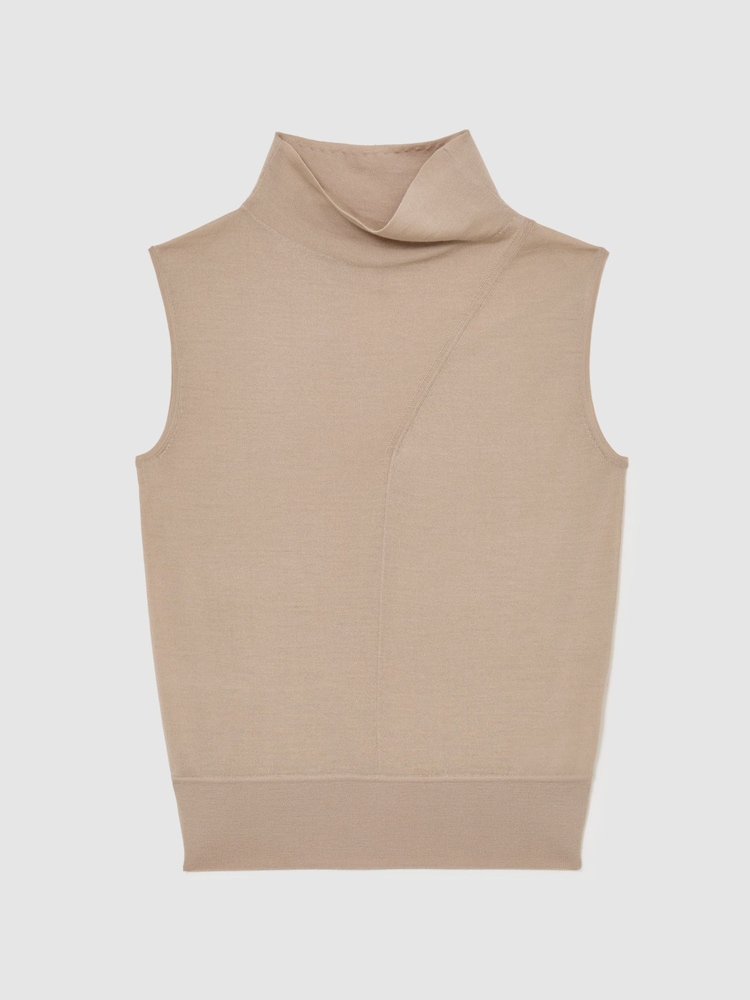 Reiss Neutral Honey Wool Funnel-Neck Sleeveless Knit Top - Image 2 of 6 Reiss Neutral Honey Wool Funnel-Neck Sleeveless Knit Top - Image 2 of 6
