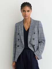 Reiss Navy Check Larissa Double-Breasted Check Blazer Cotton-Linen - Image 1 of 6