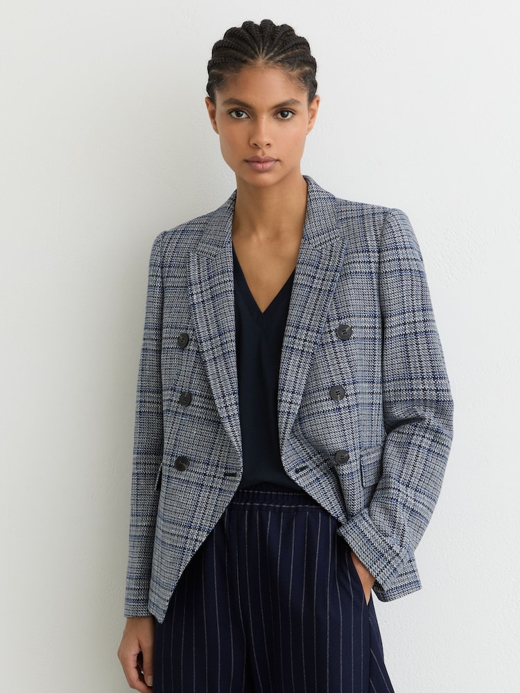 Reiss Navy Check Larissa Double-Breasted Check Blazer Cotton-Linen - Image 1 of 6