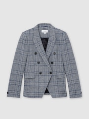 Reiss Navy Check Larissa Double-Breasted Check Blazer Cotton-Linen - Image 2 of 6