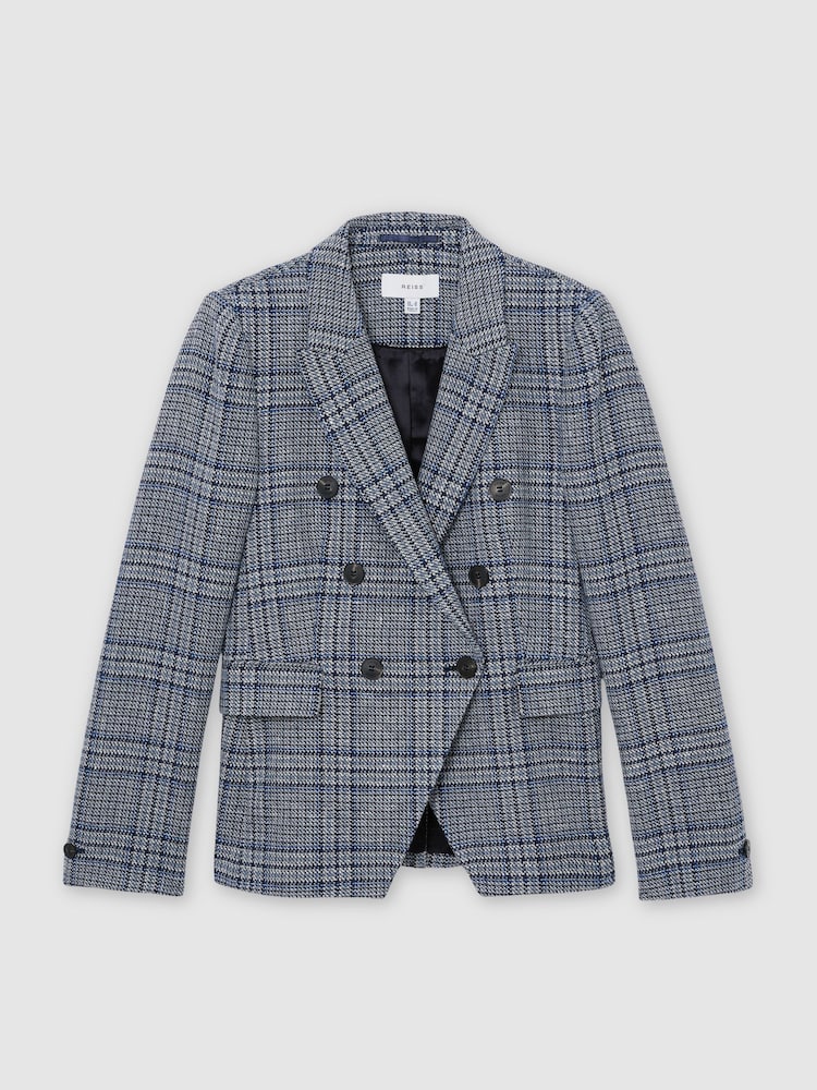 Reiss Navy Check Larissa Double-Breasted Check Blazer Cotton-Linen - Image 2 of 6