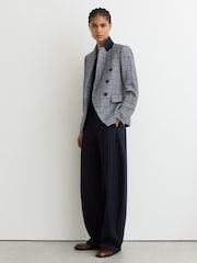 Reiss Navy Check Larissa Double-Breasted Check Blazer Cotton-Linen - Image 3 of 6