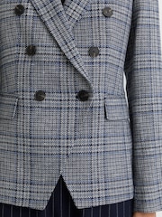 Reiss Navy Check Larissa Double-Breasted Check Blazer Cotton-Linen - Image 4 of 6