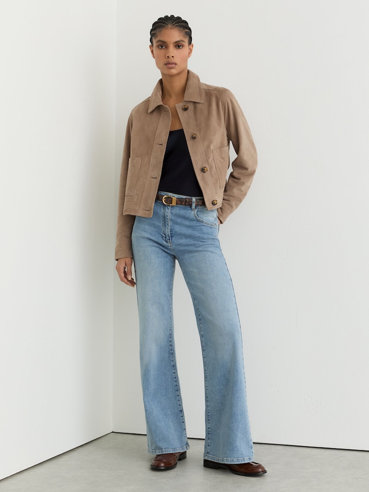 Reiss Neutral Sonny Petite Suede Cropped Trucker Jacket - Image 1 of 8 Reiss Neutral Sonny Petite Suede Cropped Trucker Jacket - Image 1 of 8