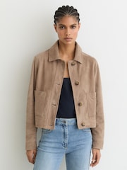 Reiss Neutral Sonny Petite Suede Cropped Trucker Jacket - Image 3 of 8