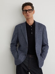 Reiss Navy Romana Wool-Blend Single-Breasted Check Blazer With Linen - Image 1 of 8