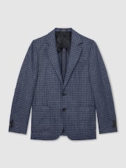 Reiss Navy Romana Wool-Blend Single-Breasted Check Blazer With Linen - Image 2 of 8
