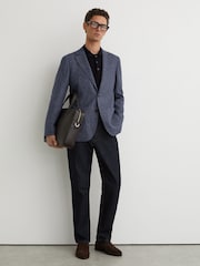 Reiss Navy Romana Wool-Blend Single-Breasted Check Blazer With Linen - Image 5 of 8