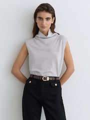 Reiss Grey Marl Honey Wool Funnel-Neck Sleeveless Knit Top - Image 1 of 6