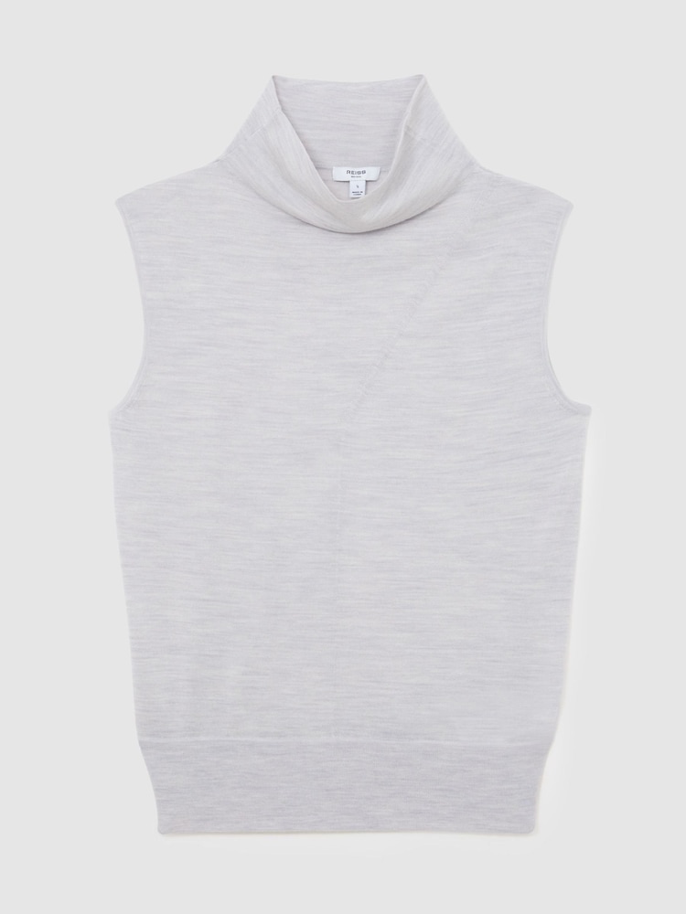 Reiss Grey Marl Honey Wool Funnel-Neck Sleeveless Knit Top - Image 2 of 6
