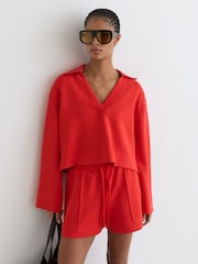 Reiss Coral Red Bea Premium Interlock Open-Collar Sweatshirt - Image 1 of 7