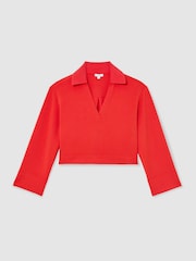 Reiss Coral Red Bea Premium Interlock Open-Collar Sweatshirt - Image 2 of 7