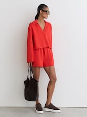 Reiss Coral Red Bea Premium Interlock Open-Collar Sweatshirt - Image 3 of 7