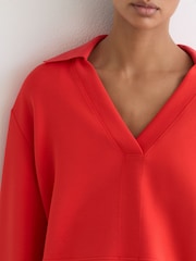 Reiss Coral Red Bea Premium Interlock Open-Collar Sweatshirt - Image 4 of 7