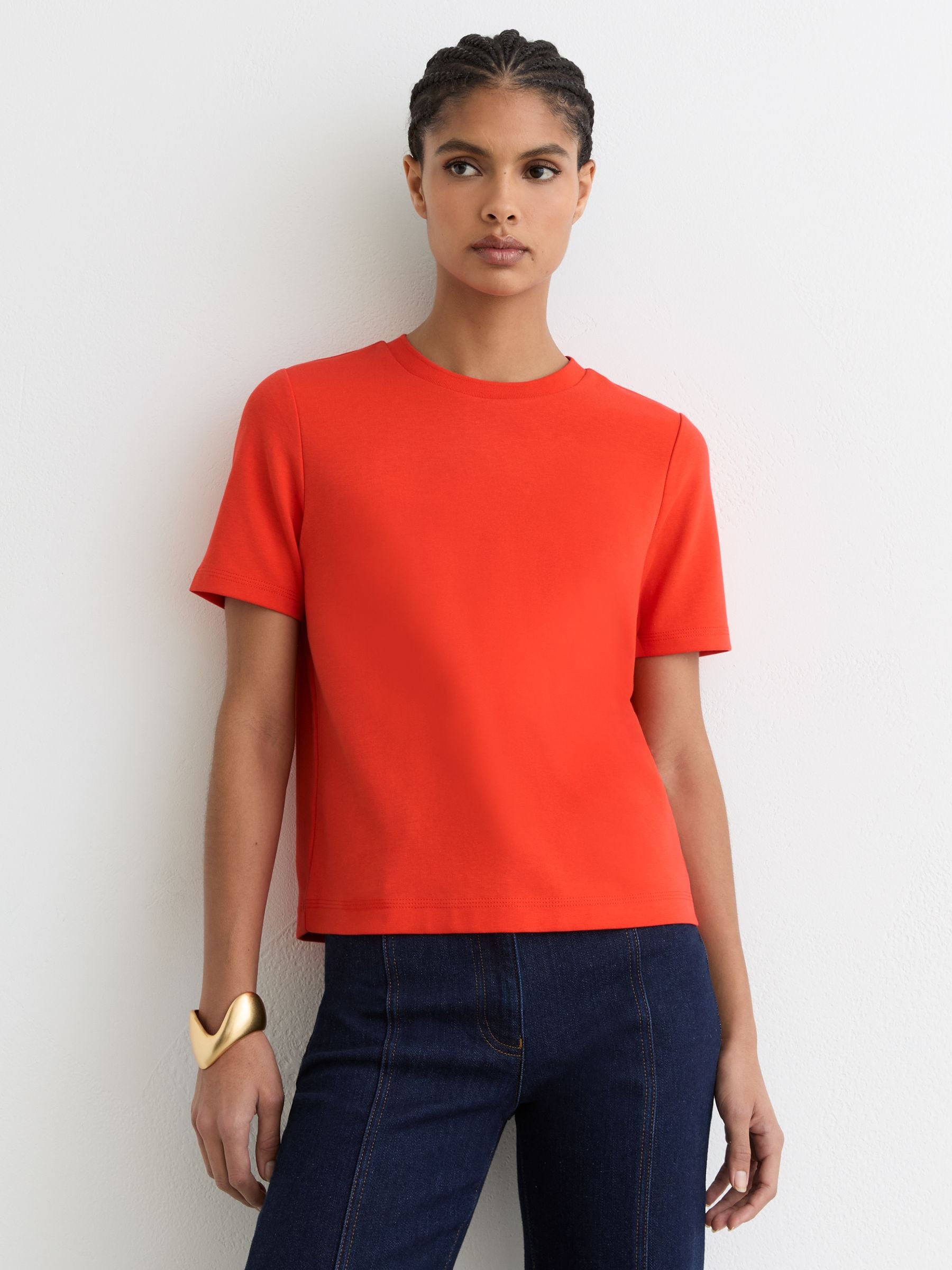 Buy Reiss Coral Red Josie Stretch-Cotton Ribbed-Neck T-Shirt from