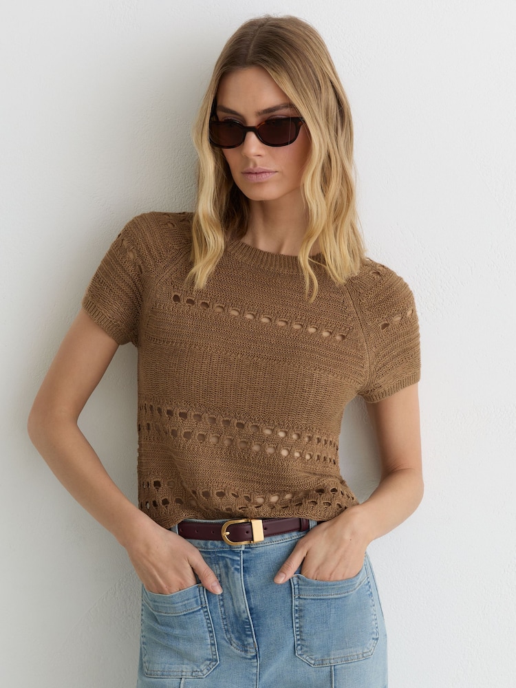 Taupe Neutre - Reiss Chloe Linen Textured-Knit Top - Image 1 de 6