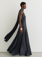 Reiss Grey Fae Satin Cape Maxi Dress - Image 1 of 8