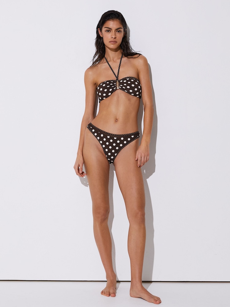 Reiss Chocolate Brown/Ivory Janina Polka-Dot Fixed-Side Bikini Bottoms - Image 1 of 8