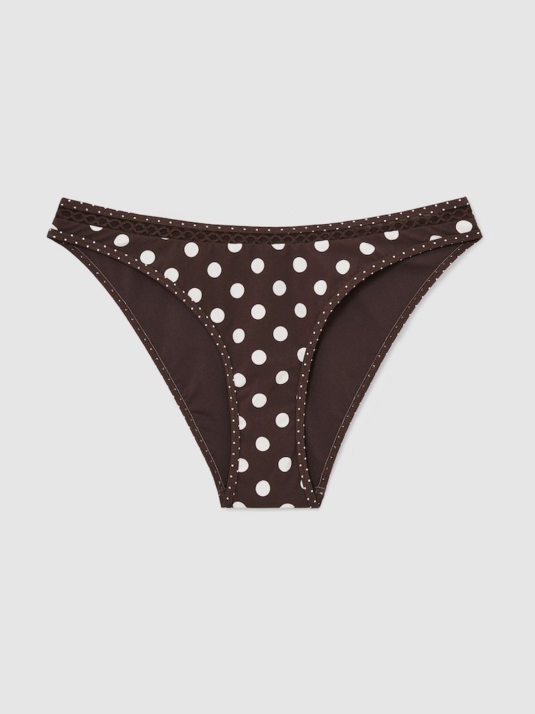 Reiss Chocolate Brown/Ivory Janina Polka-Dot Fixed-Side Bikini Bottoms - Image 2 of 8